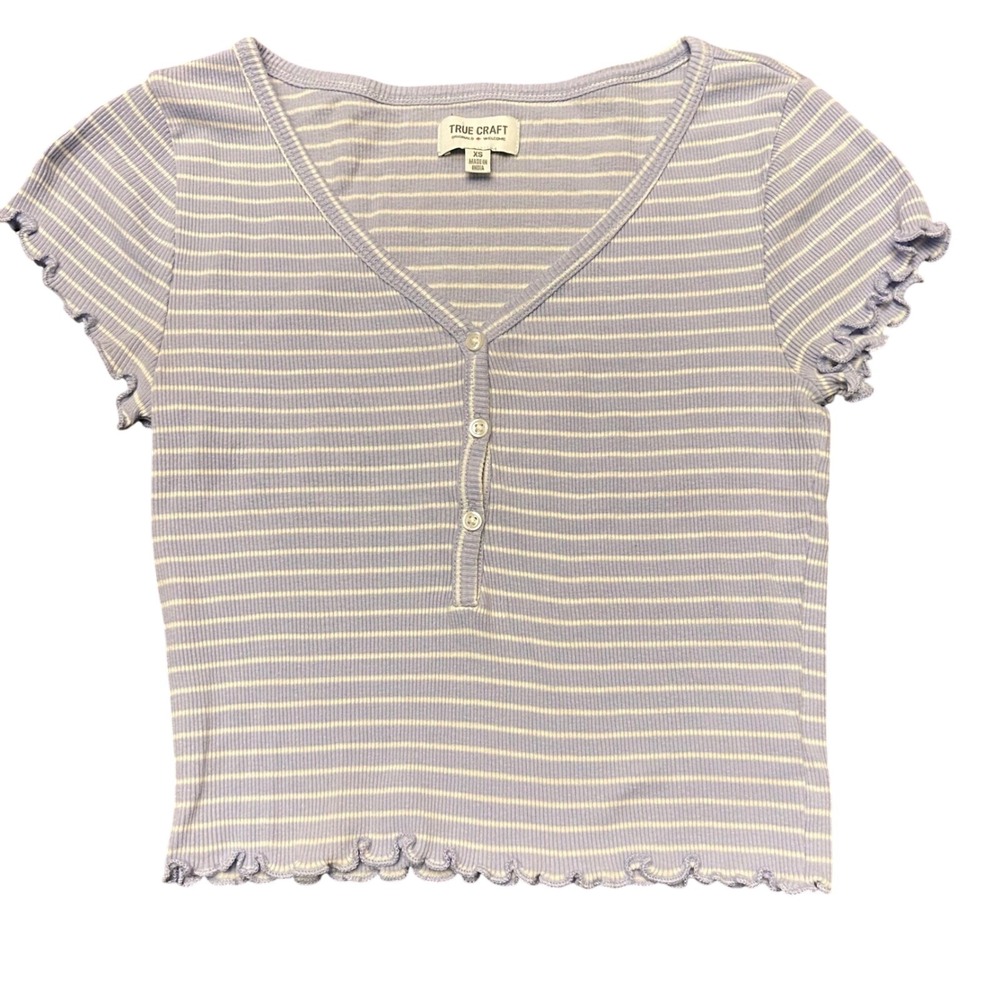 True Craft Lilac White Stripe Ribbed Lettuce Hem Crop Top Junior Women's XS Top